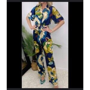 ZARA Women Blue Multicolored Floral Print Short Sleeve Satin Belted Jumpsuit XS